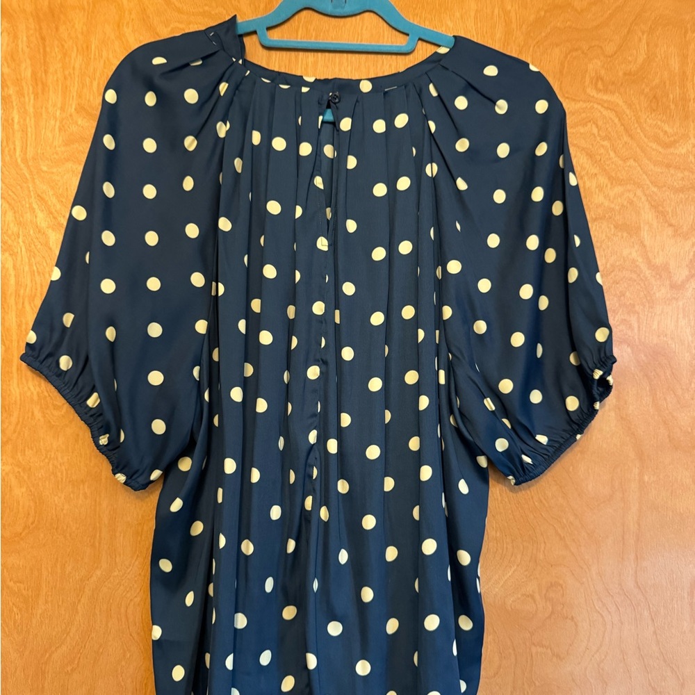 Ann Taylor. 1 Polka Dot Women's Top in Navy and Cream and 1 pale yellow.
